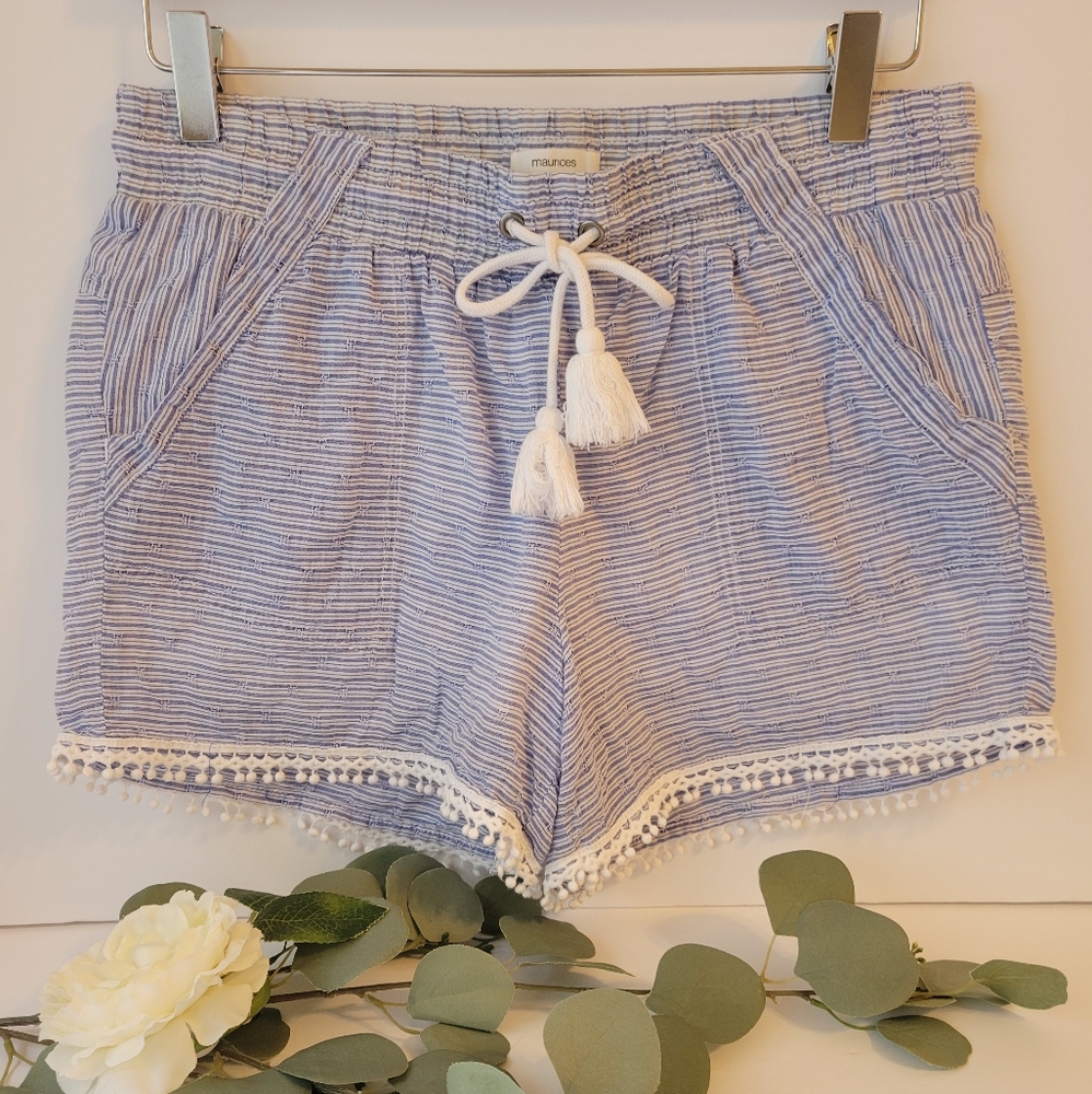 Maurices women's striped shorts mini pom pom trim